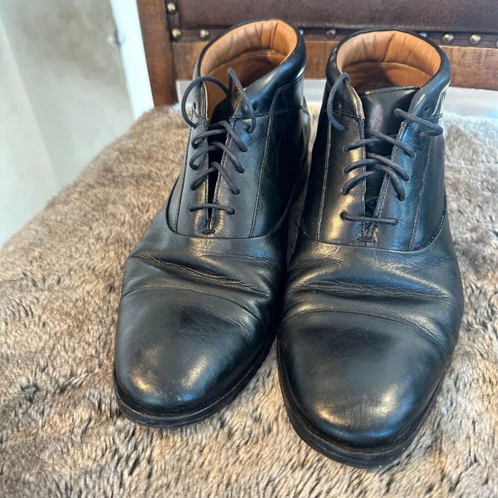 Johnston & Murphy Black Leather Cap Toe Lace Up Italian Designer Boots, Size 9.5